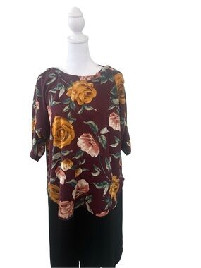 Kim & Cami Burgundy Floral Short Sleeve Blouse with Mustard Roses